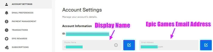 find display name and email address on official website of EPIC GAMES